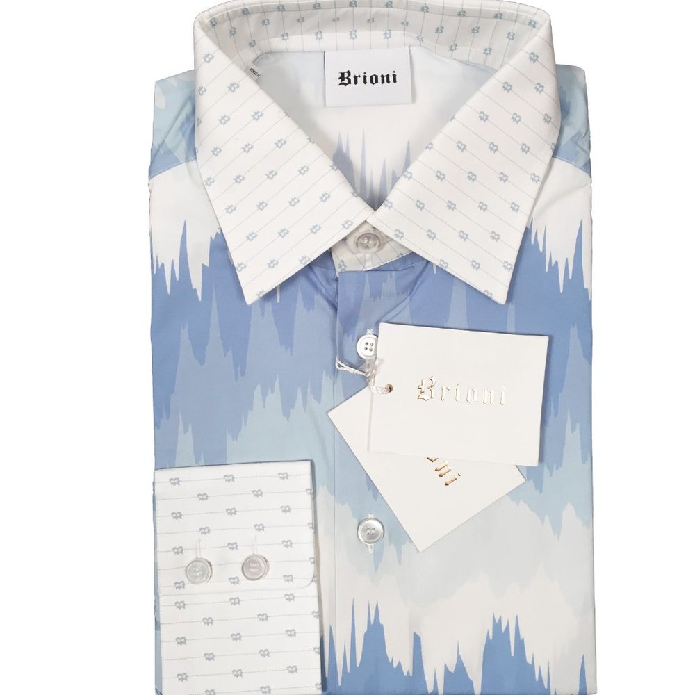 NEW $675 Brioni Fine Cotton Shirt! XL Blue White Mountain Peak Design & B Collar